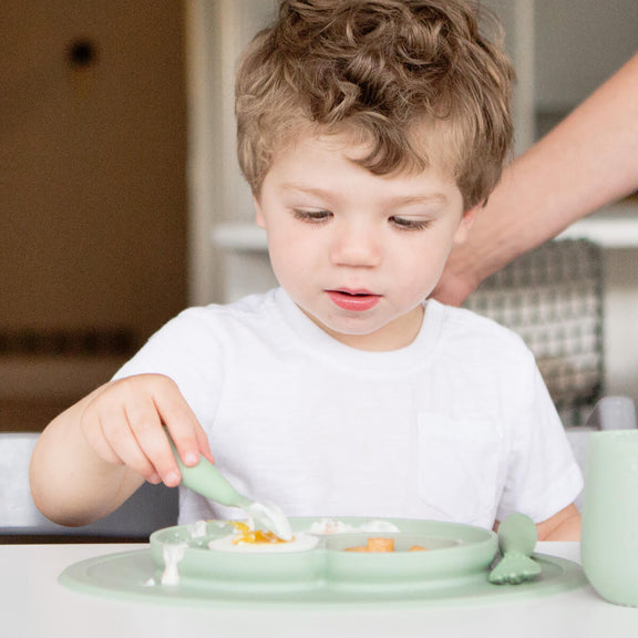 Mini Feeding Set in Sage by ezpz / Silicone Plate, Fork & Spoon for Toddlers #color_sage