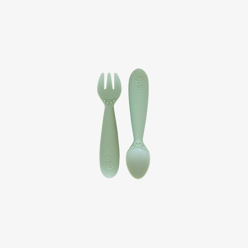 Mini Utensils in Sage by ezpz / Sensory Silicone Fork & Spoon for Toddlers #color_sage