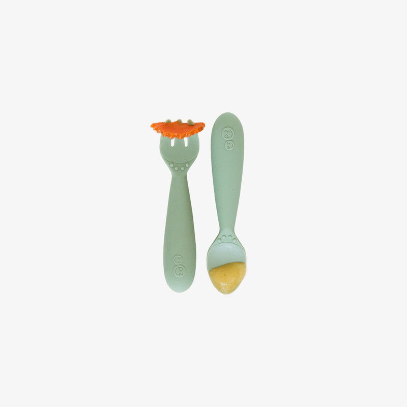 Mini Utensils in Sage by ezpz / Sensory Silicone Fork & Spoon for Toddlers #color_sage