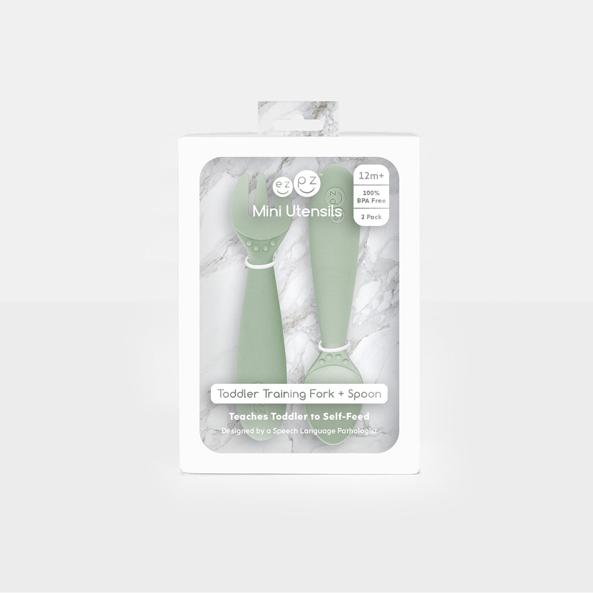 Mini Utensils in Sage by ezpz / Sensory Silicone Fork & Spoon for Toddlers #color_sage