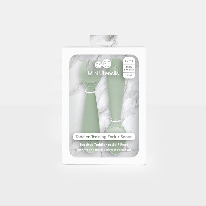 Mini Utensils in Sage by ezpz / Sensory Silicone Fork & Spoon for Toddlers #color_sage