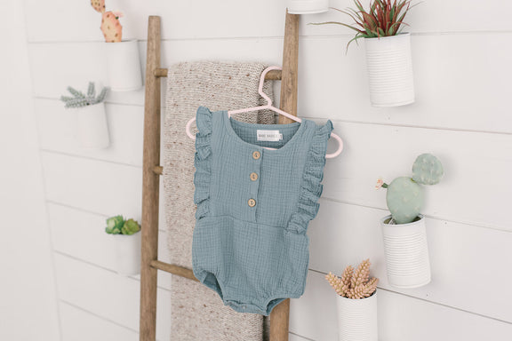 Seafoam Linen Baby Romper – Non-Toxic & Breezy by Babe Basics