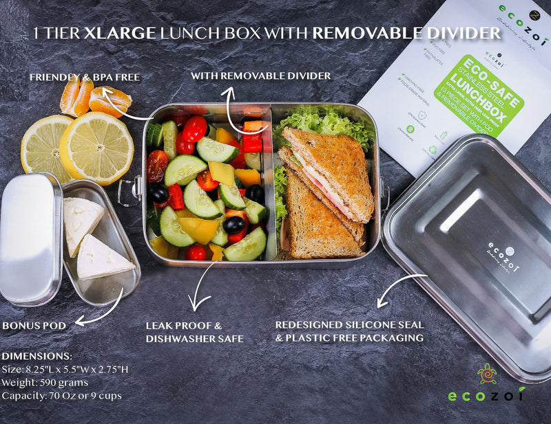 Stainless Steel 2-Compartment Leak-Proof Lunch Box with Removable Divider – 50 oz by ecozoi