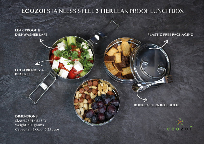 Stainless Steel 3-Tier Round Lunch Box with Spork – 40 oz by ecozoi