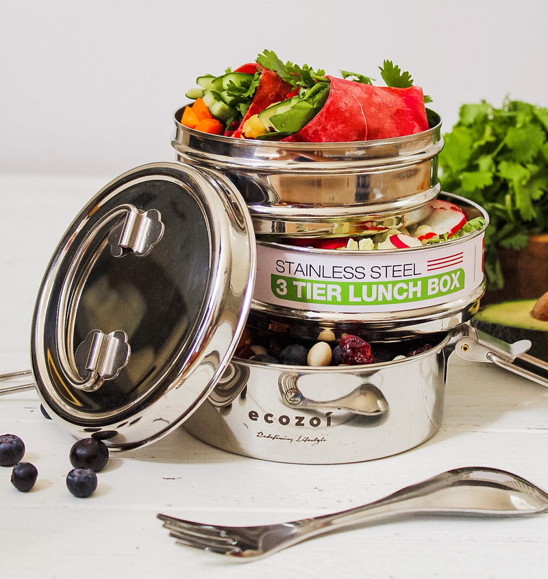 Stainless Steel 3-Tier Round Lunch Box with Spork – 40 oz by ecozoi