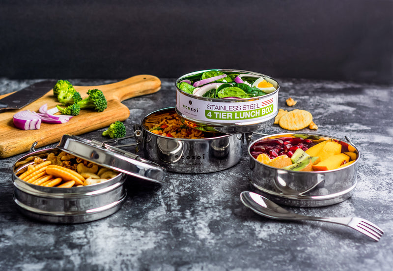 Stainless Steel 4-Tier Round Lunch Box with Spork – 55 oz by ecozoi
