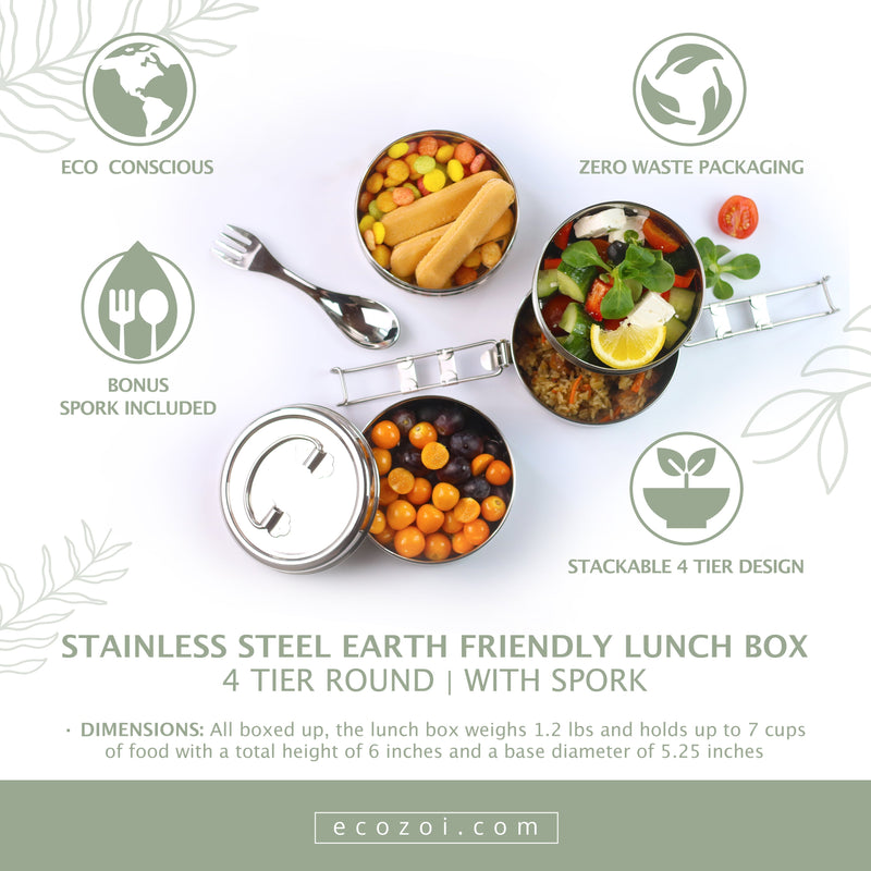 Stainless Steel 4-Tier Round Lunch Box with Spork – 55 oz by ecozoi