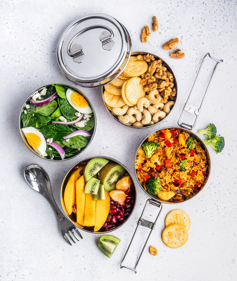 Stainless Steel 4-Tier Round Lunch Box with Spork – 55 oz by ecozoi