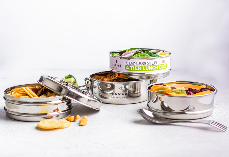 Stainless Steel 4-Tier Round Lunch Box with Spork – 55 oz by ecozoi