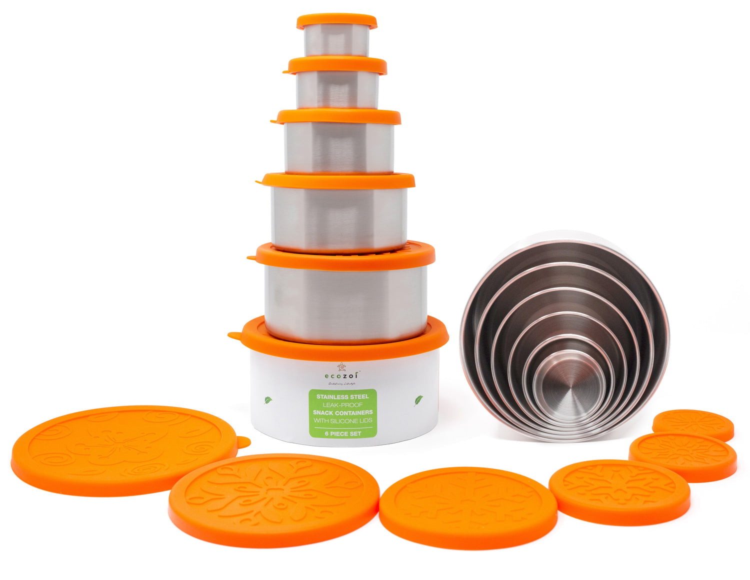 Stainless Steel Eco Snack Containers, Leak Proof, 6 Pc Set with Cotton Carrying Case, 78 Oz or 2300 ml freeshipping - ecozoi