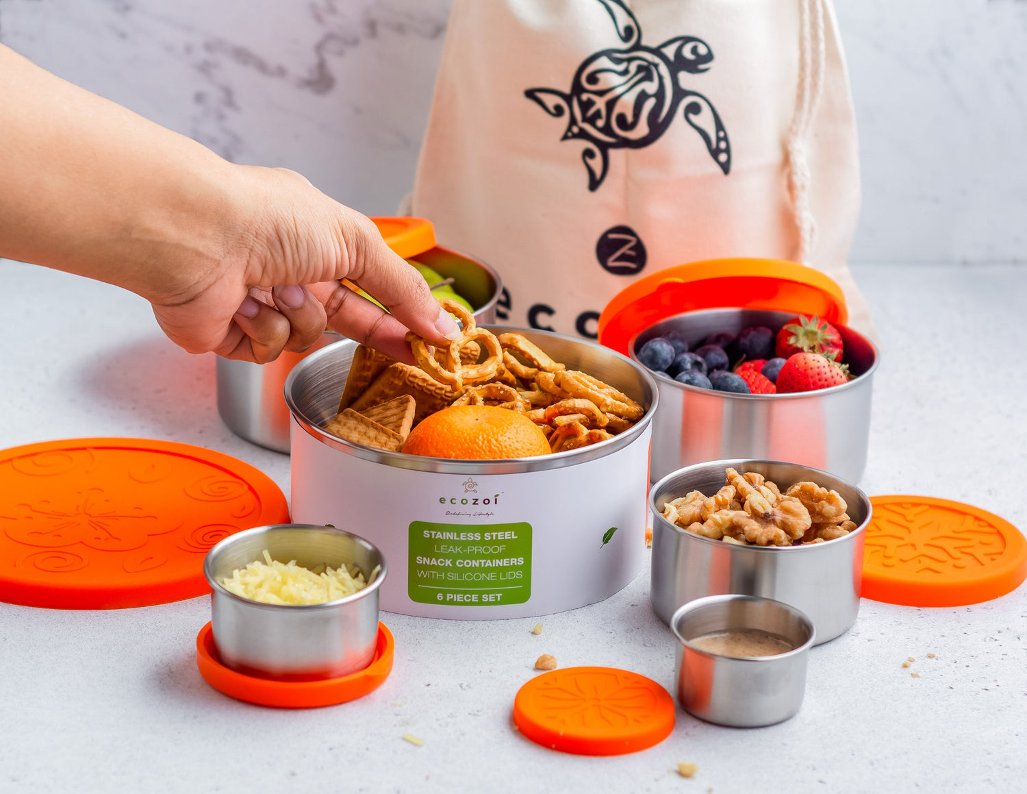 Stainless Steel Eco Snack Containers, Leak Proof, 6 Pc Set with Cotton Carrying Case, 78 Oz or 2300 ml freeshipping - ecozoi