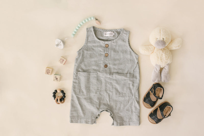 Grey & White Striped Linen Baby Romper – Soft, Stretchy & Stylish by Babe Basics (6–24M)
