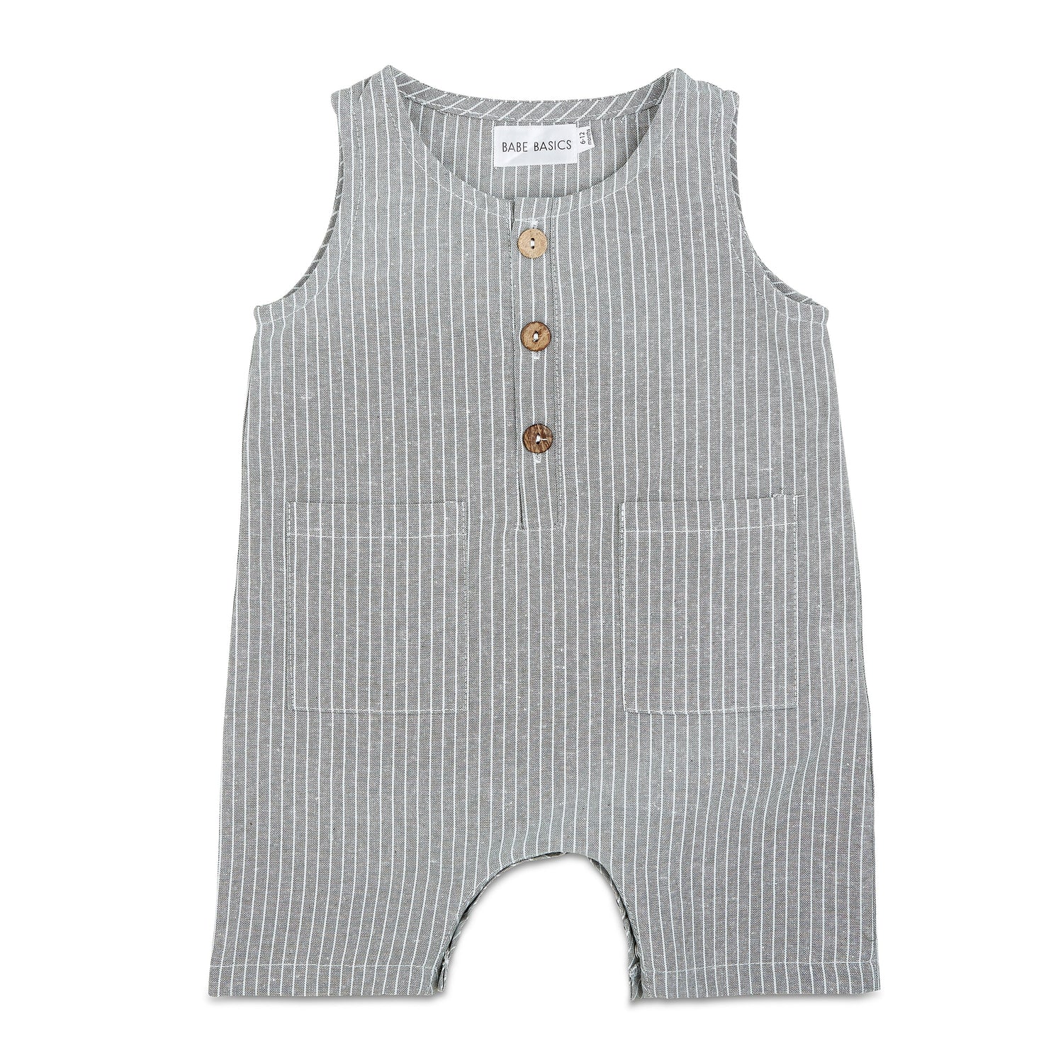Grey & White Striped Linen Baby Romper – Soft, Stretchy & Stylish by Babe Basics (6–24M)