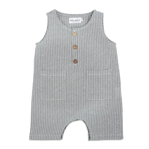 Grey & White Striped Linen Baby Romper – Soft, Stretchy & Stylish by Babe Basics (6–24M)
