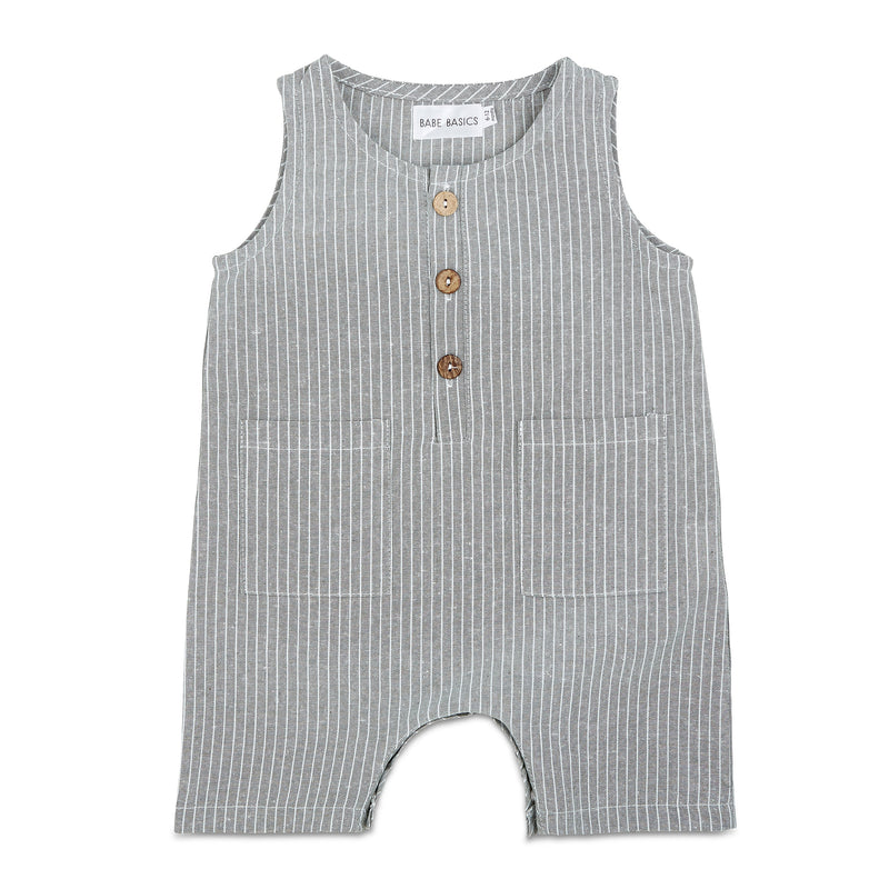 Grey & White Striped Linen Baby Romper – Soft, Stretchy & Stylish by Babe Basics (6–24M)