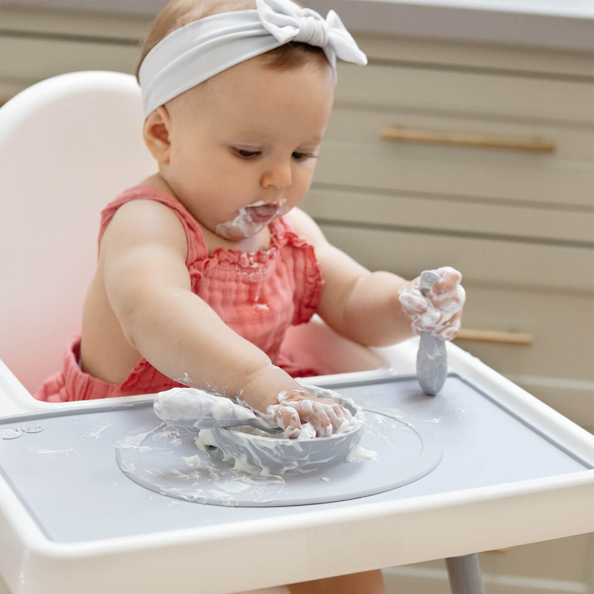 The Tiny Placemat in Pewter is a non-slip, silicone placemat that fits on most highchair trays #color_pewter / Tiny Placemat – On-the-Go Mealtime Mat for Babies & Toddlers