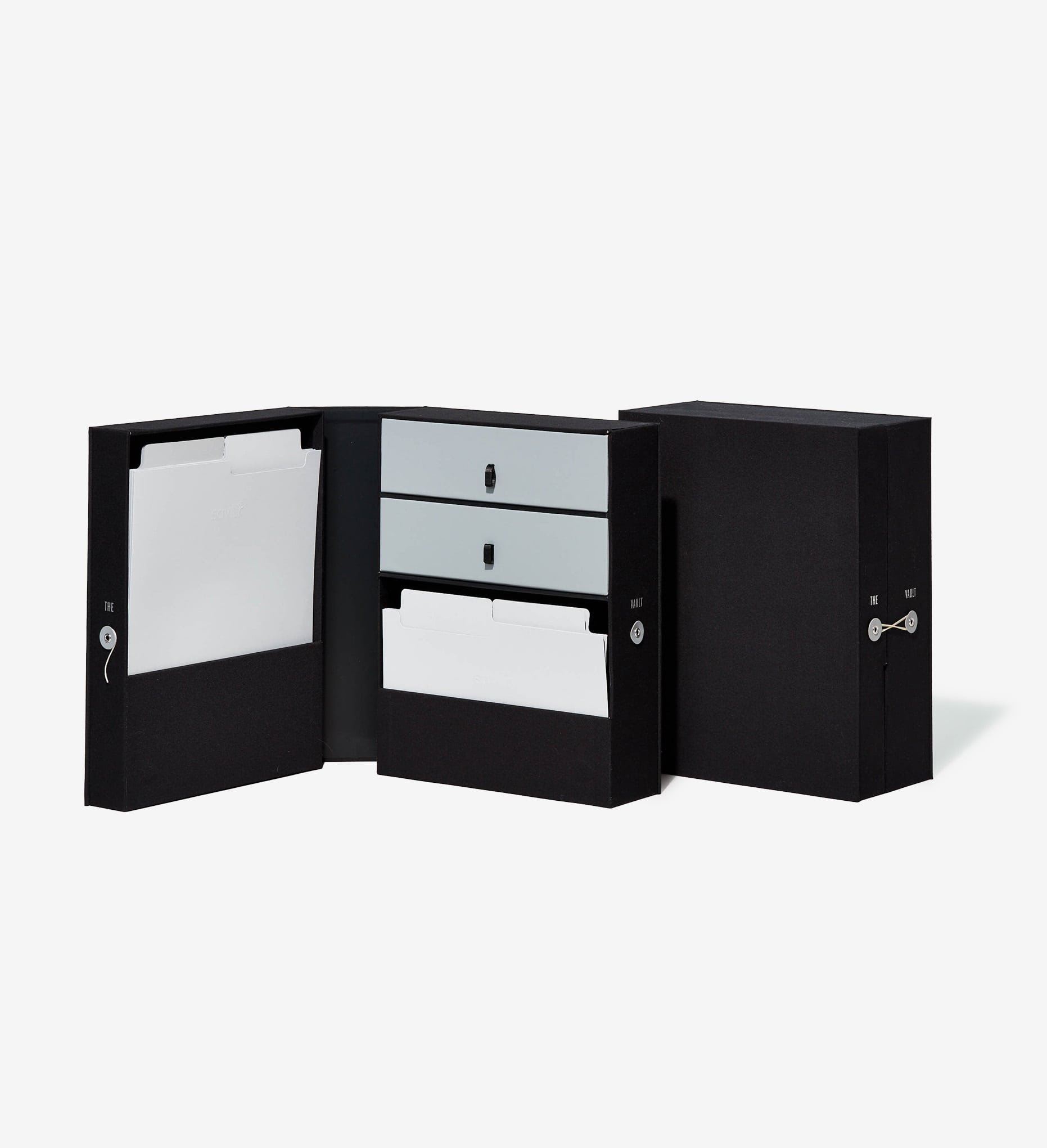 Black Vault keepsake box, one open and one closed behind that