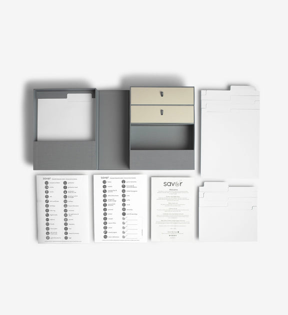 Birdseye, slate keepsake box laid out with folders and labels