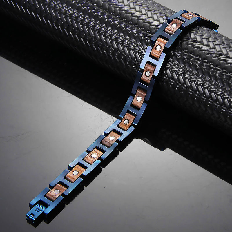 Adjustable Magnetic Bracelet with Wood and Stainless Steel Links