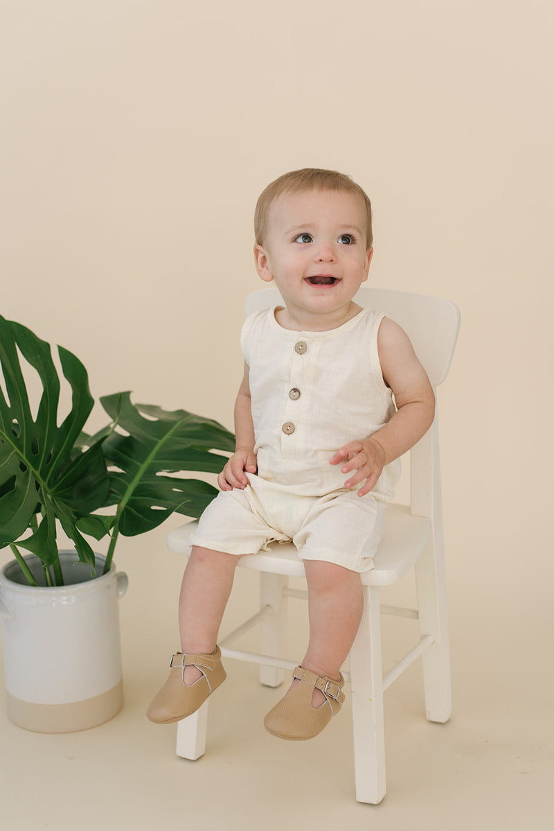 White Crop Linen Romper – Soft, Non-Toxic Style for Little Movers by Babe Basics (6–24M)