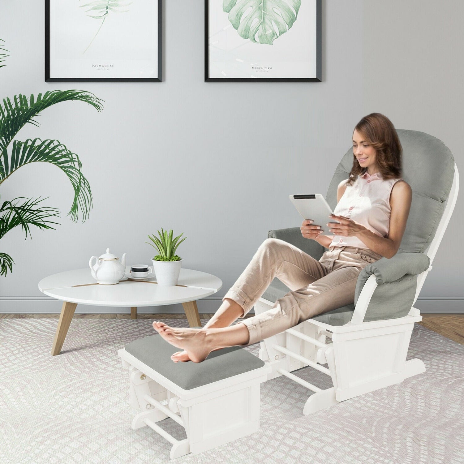 Wood Baby Glider and Ottoman Cushion Set – Light Gray
