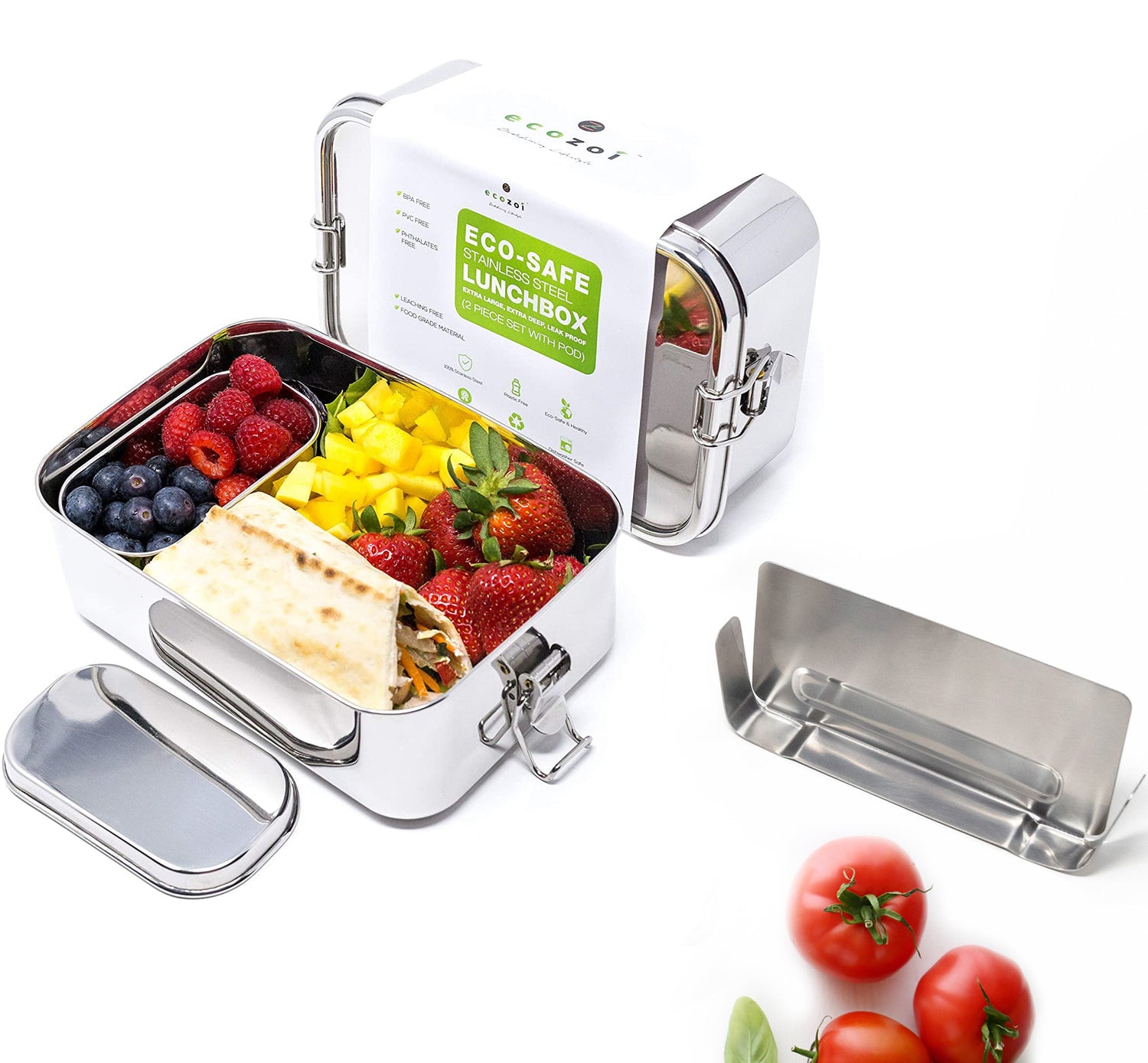 Stainless Steel Eco Lunch Box with Removable Divider, Leak Proof, 1 Tier with 1 Mini Sauce Container, XL 70 Oz or 2100 ml freeshipping - ecozoi