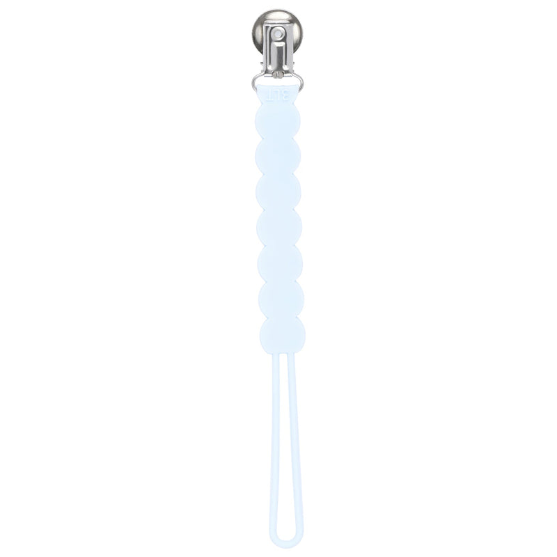 Three Little Tots baby blue all silicone one piece pacifier clip. This paci clip is flexible and easy to clean.