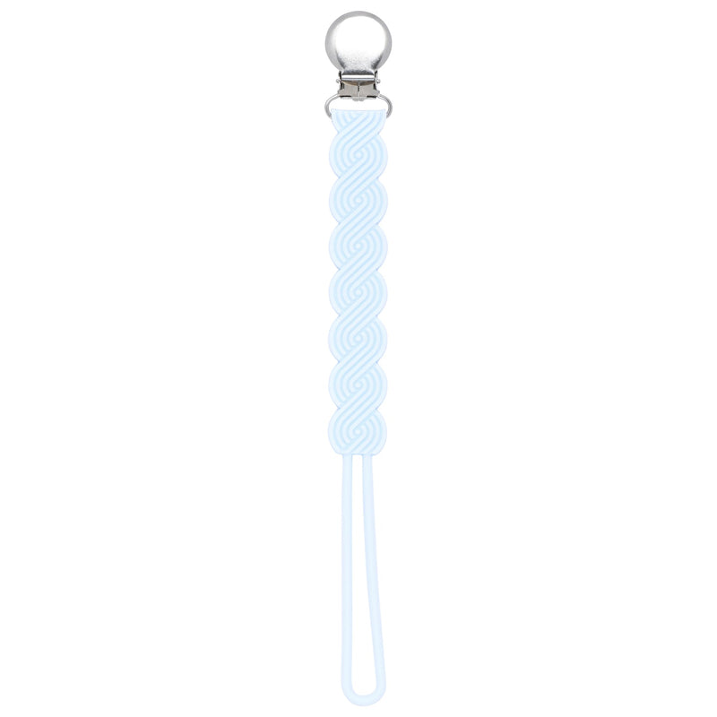 Three Little Tots baby blue all silicone one piece pacifier clip. This paci clip is flexible and easy to clean.