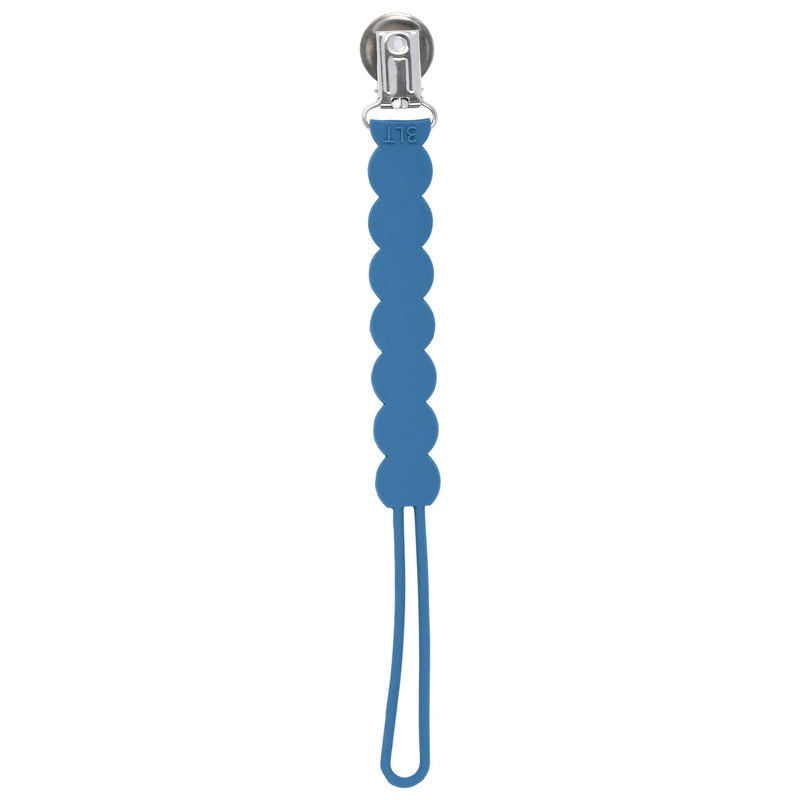 Three Little Tots blue all silicone one piece pacifier clip. This paci clip is flexible and easy to clean.