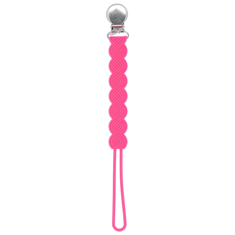 Three Little Tots Hot Pink all silicone one piece pacifier clip. This paci clip is flexible and easy to wash.