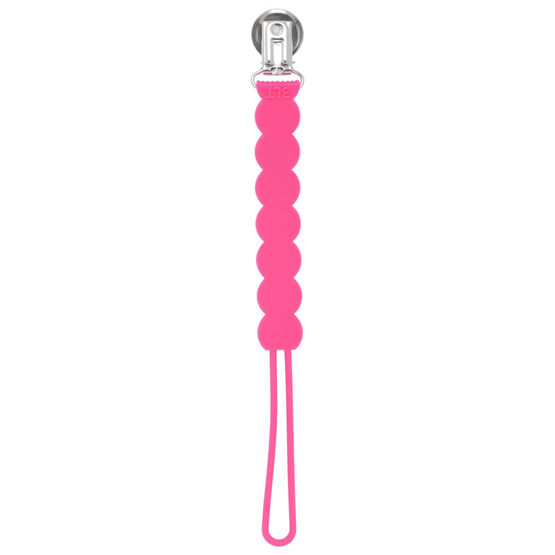 Three Little Tots Hot Pink all silicone one piece pacifier clip. This paci clip is flexible and easy to wash.