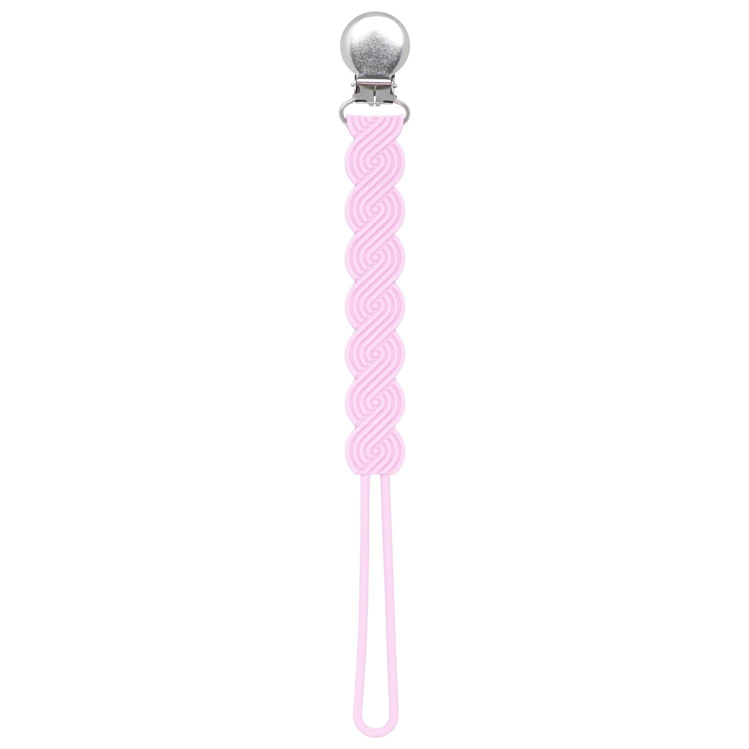 Three Little Tots Baby Pink All silicone one piece pacifier clip. This paci clip is flexible and easy to clean.