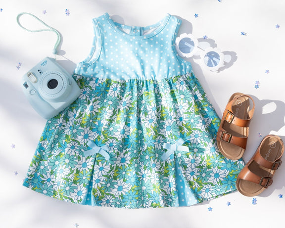 Blue Flower Power and Polka Dot Dress for Baby and Toddler Girls - Strawberry Jam Kids