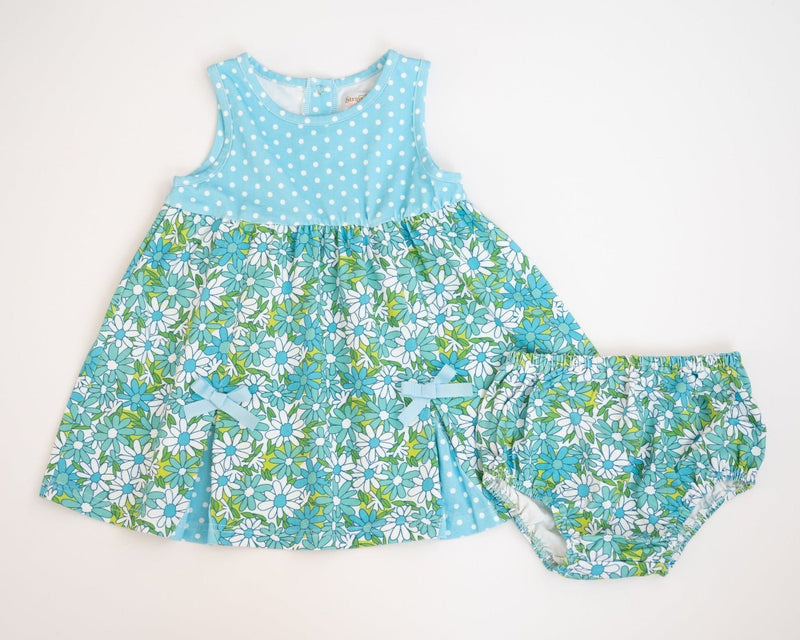 Blue Flower Power and Polka Dot Dress for Baby and Toddler Girls - Strawberry Jam Kids