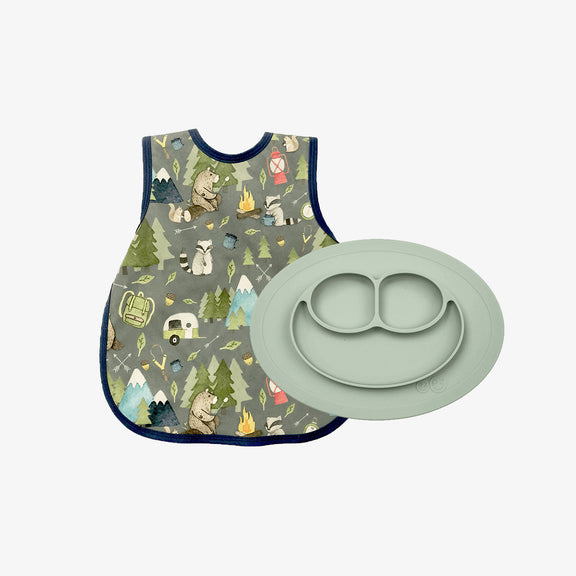 The Mini Mat + Bapron Bundle by ezpz / Sage + Camping Bears / Unique Baby Shower Gift Idea #color_Sage-+-Camping-Bears