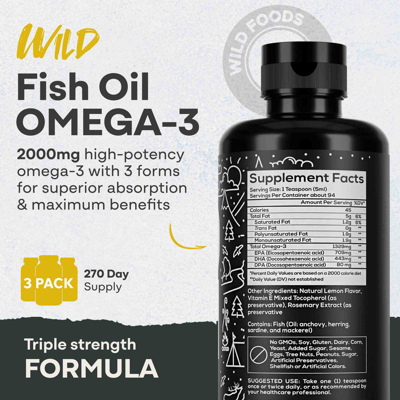 Fish Oil Liquid, 94 servings - Omega-3 DHA, EPA, DPA by Wild Foods