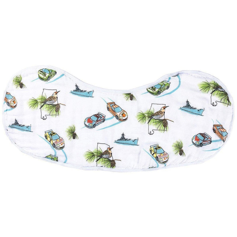 Alabama-themed baby gift set with muslin swaddle blanket and burp cloth/bib combo, featuring state icons.