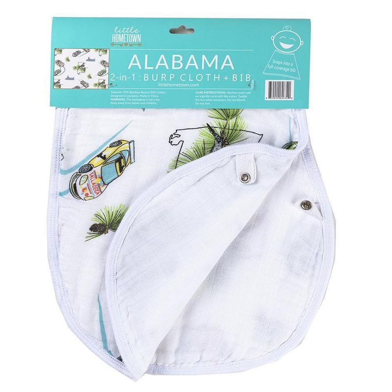 Alabama-themed baby gift set with muslin swaddle blanket and burp cloth/bib combo, featuring state icons.