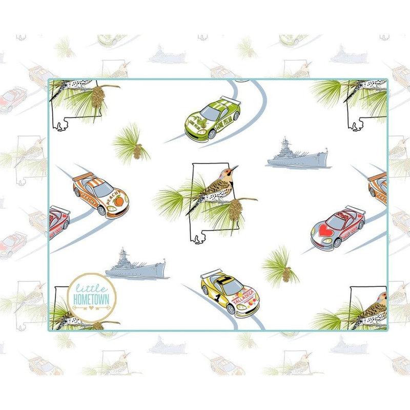 Alabama-themed baby gift set with muslin swaddle blanket, burp cloth, and bib featuring state icons and landmarks.