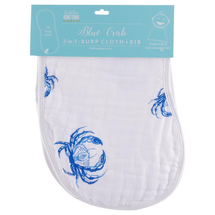 Blue crab-themed baby muslin swaddle blanket and burp cloth set, featuring playful crab illustrations on white fabric.