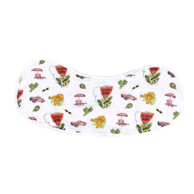 Gift set with "California Girl" muslin swaddle blanket and matching burp cloth, featuring floral designs.