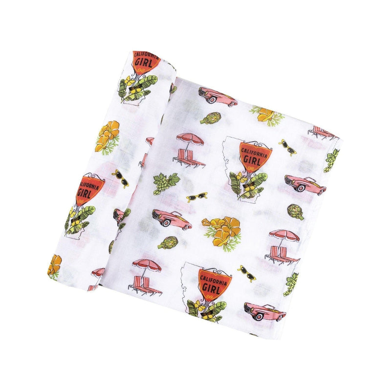 Gift set with "California Girl" muslin swaddle blanket and matching burp cloth/bib combo in pastel colors.