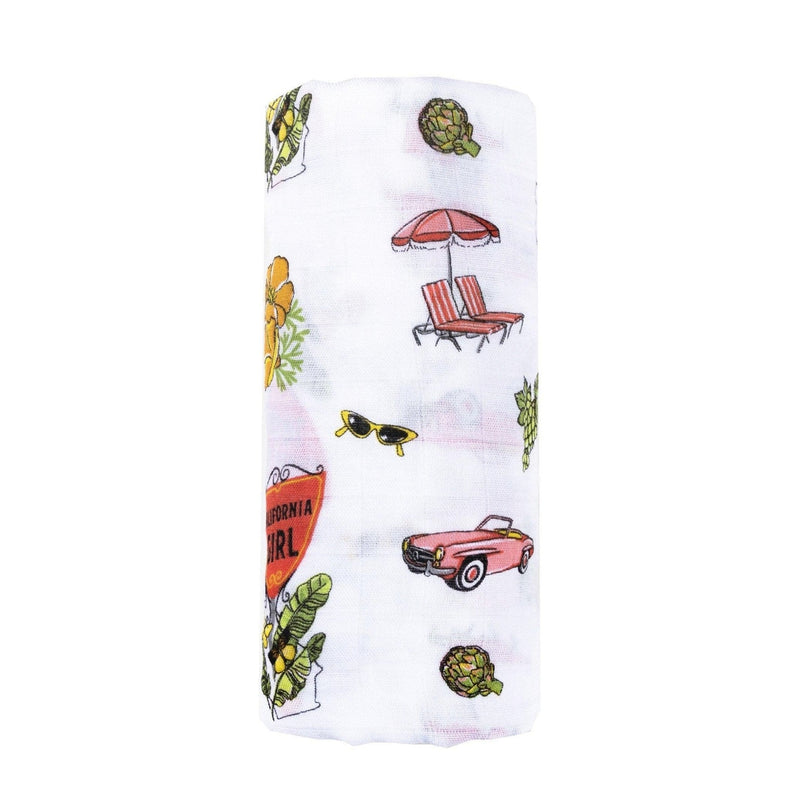 Gift set with a California-themed muslin swaddle blanket and burp cloth/bib combo, featuring vibrant designs.