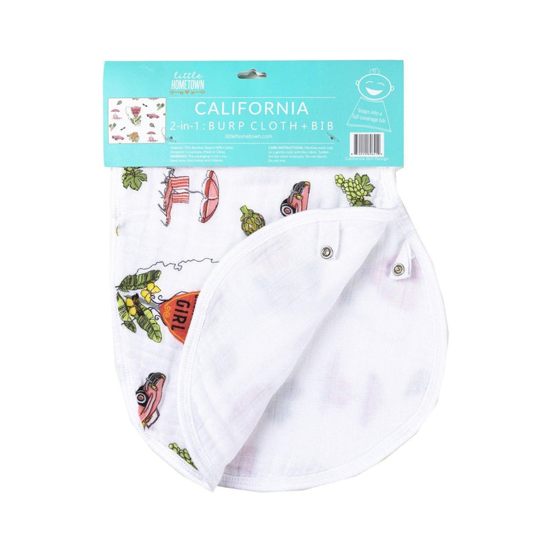 Gift set with a California-themed muslin swaddle blanket and burp cloth/bib combo, featuring vibrant floral designs.