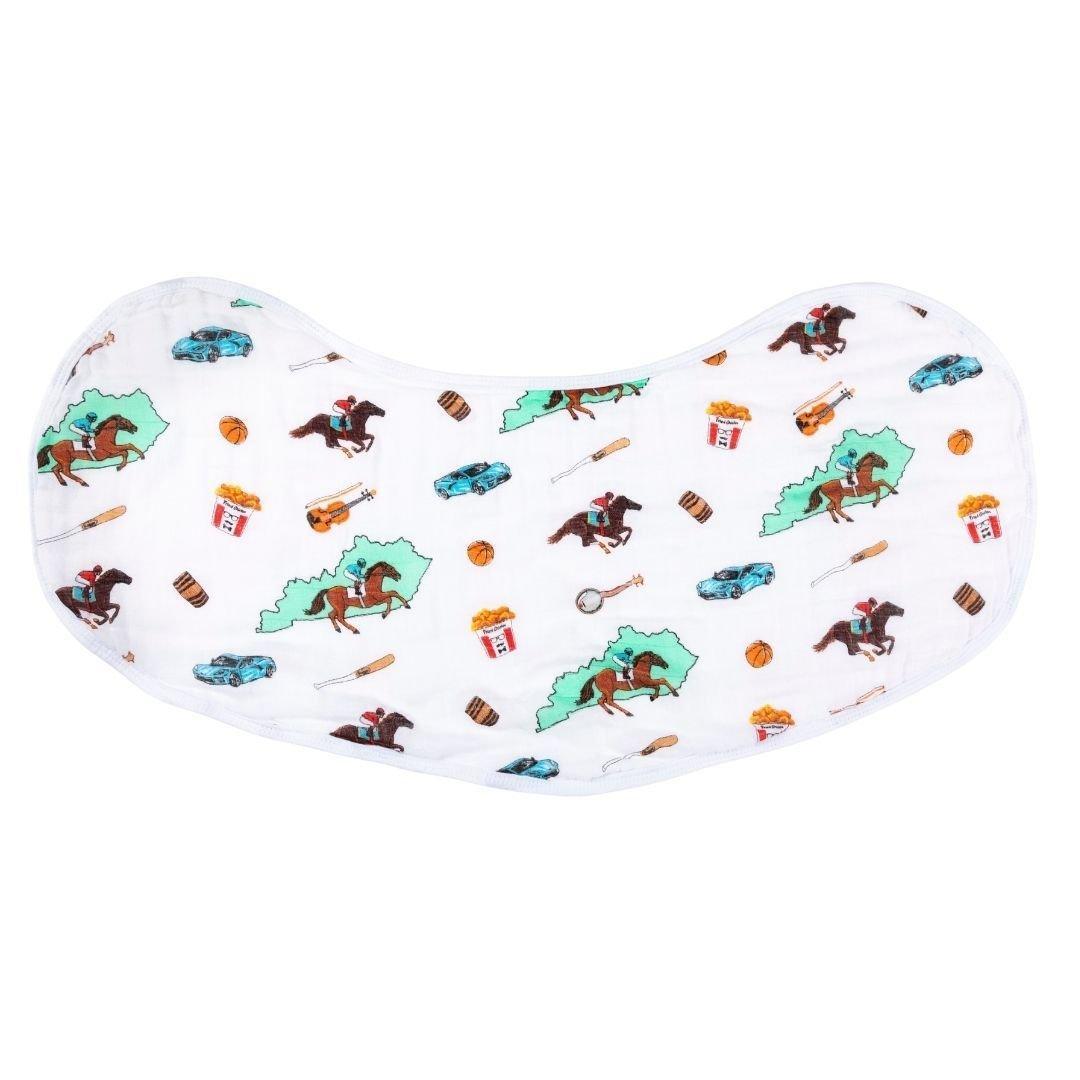 Kentucky-themed baby gift set with muslin swaddle blanket and burp cloth/bib combo, featuring state icons.