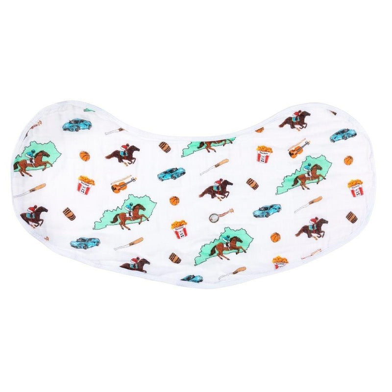 Kentucky-themed baby gift set with muslin swaddle blanket and burp cloth/bib combo, featuring state icons.