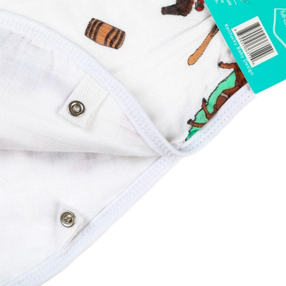 Kentucky-themed baby gift set with muslin swaddle blanket, burp cloth, and bib featuring state icons and landmarks.