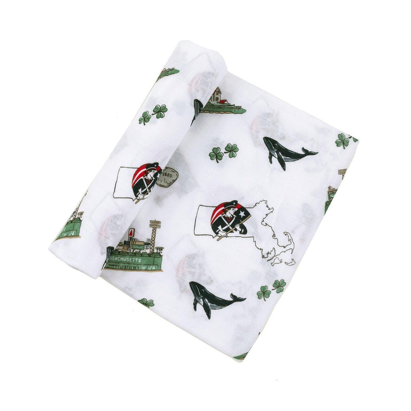 Massachusetts-themed baby gift set with muslin swaddle blanket and burp cloth, featuring state icons and landmarks.