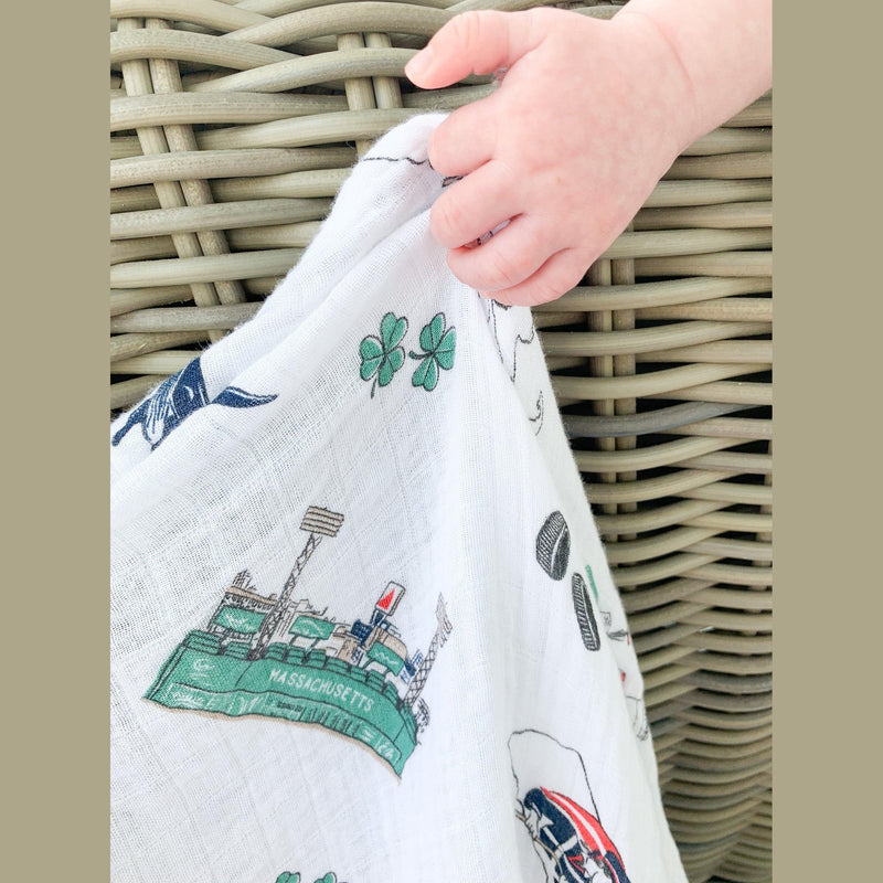 Massachusetts-themed baby gift set with muslin swaddle blanket and burp cloth/bib combo, featuring state icons.