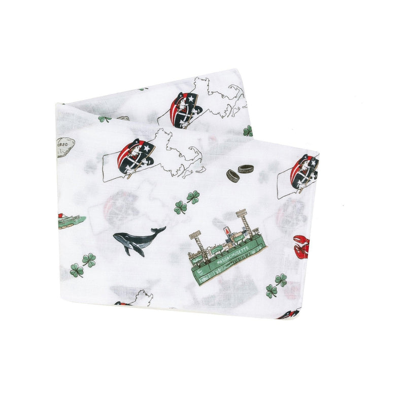 Massachusetts-themed baby gift set with muslin swaddle blanket and burp cloth, featuring state icons and landmarks.